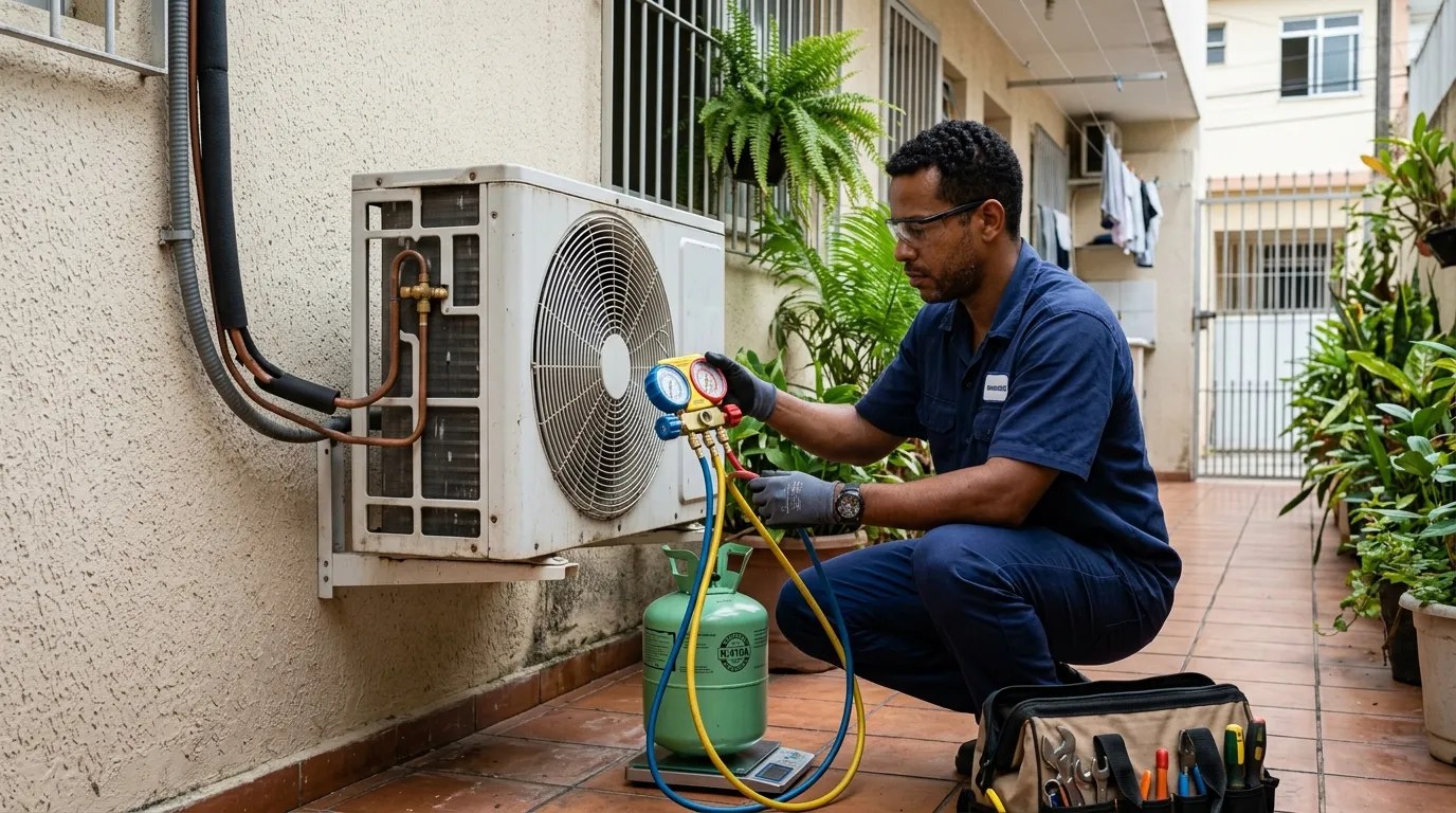 Técnico fazendo carga de gás na condensadora do ar-condicionado em Volta Redonda‑RJ