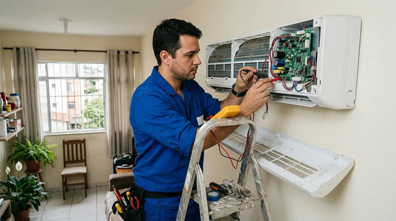 Técnico trocando a placa eletrônica de ar-condicionado split em Volta Redonda‑RJ