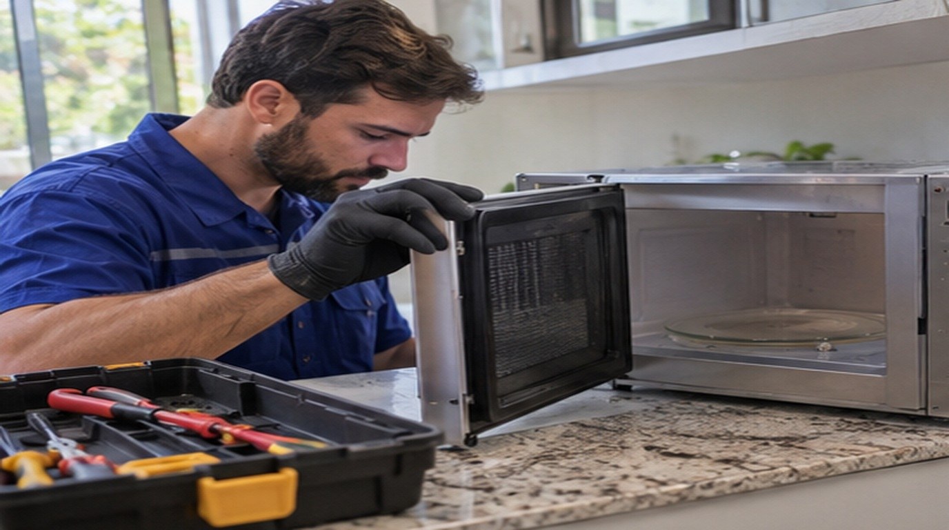Conserto de micro-ondas em Volta Redonda‑RJ: técnico abrindo um micro-ondas de bancada