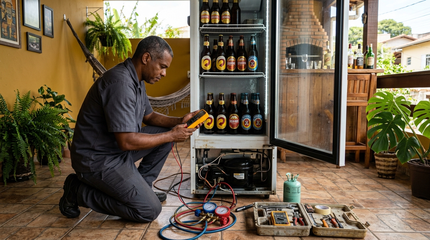 Placa eletrônica de cervejeira em reparo na bancada na Morada do Vale, Volta Redonda‑RJ