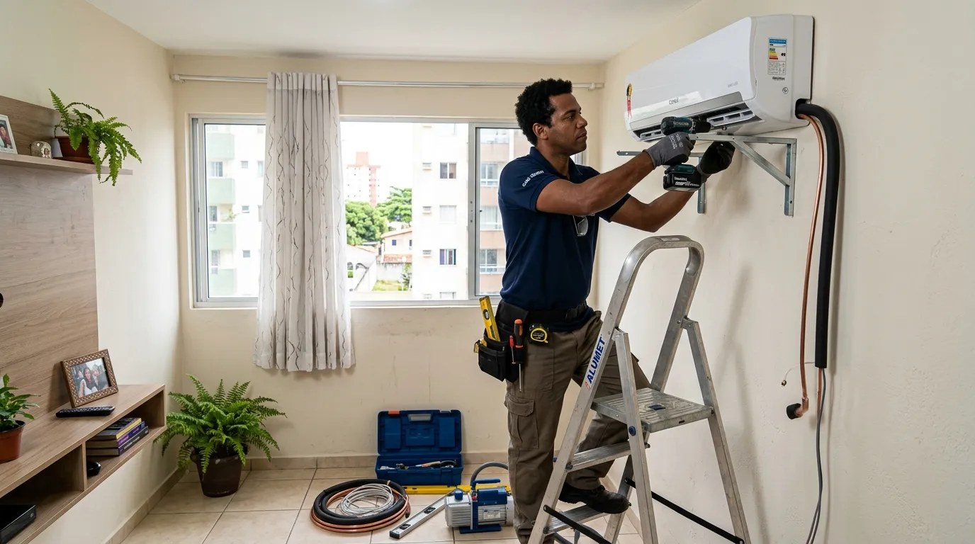 Técnico instalando ar-condicionado split em residência em Volta Redonda‑RJ