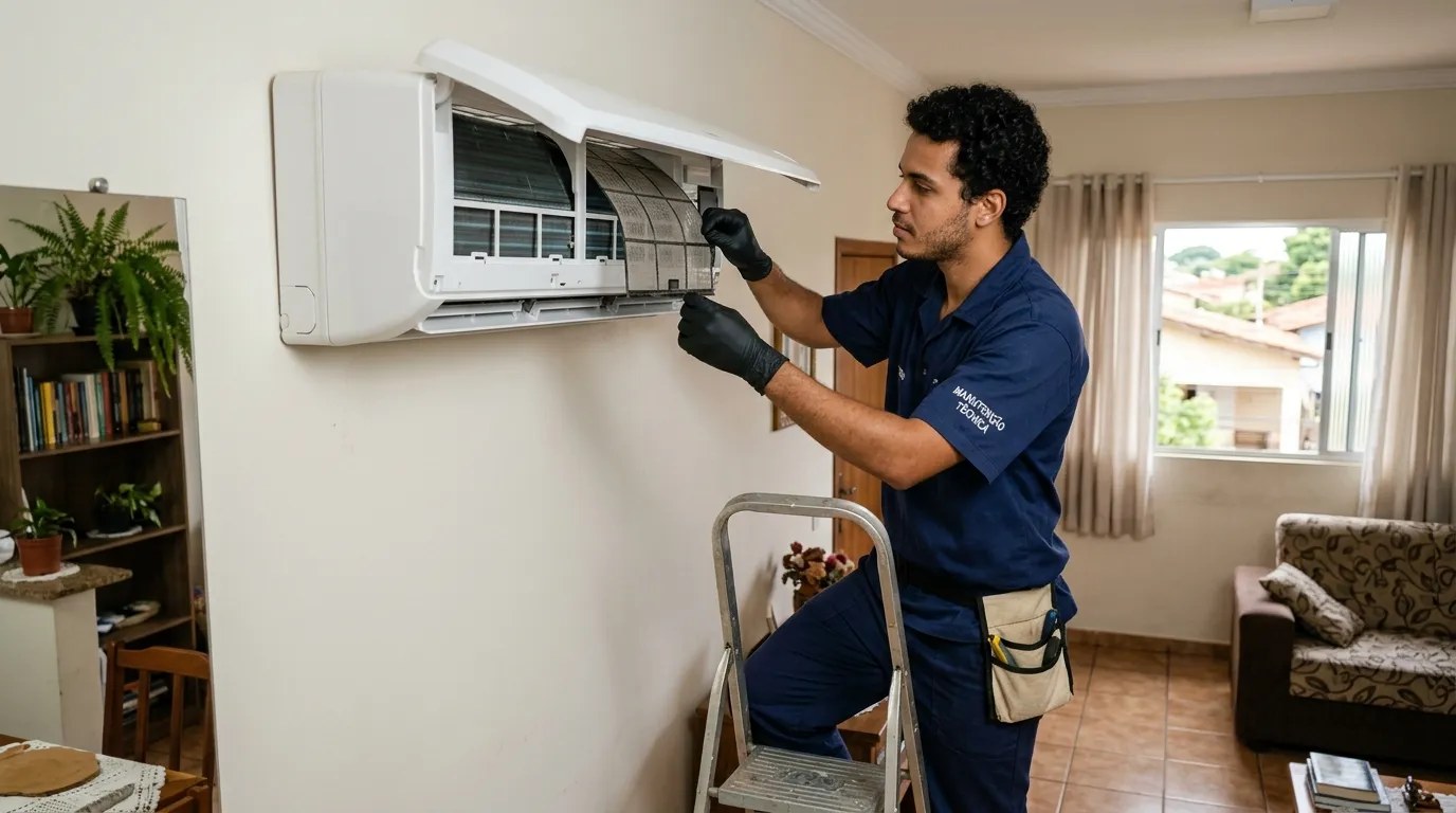 Técnico fazendo limpeza e higienização de ar-condicionado split em Volta Redonda‑RJ