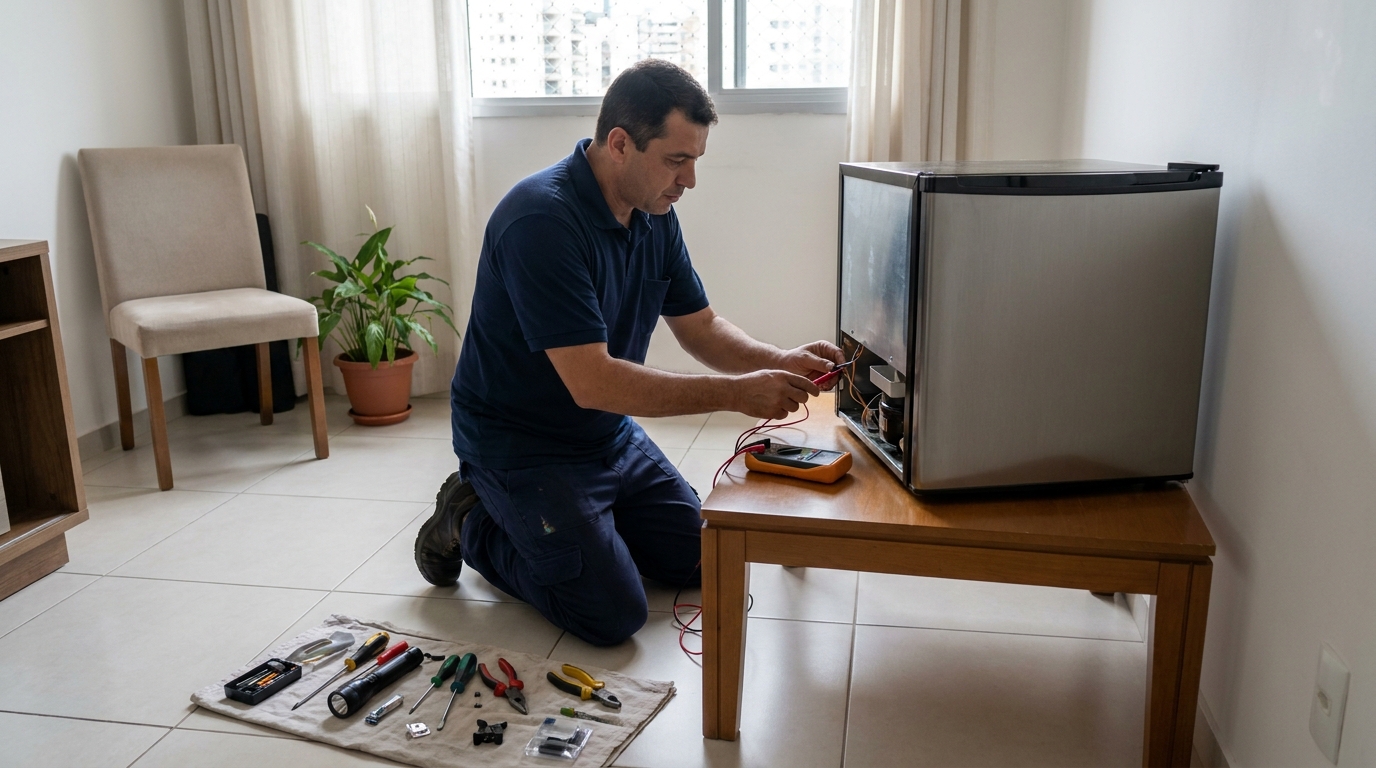 Técnico revisando o motor de um frigobar em Volta Redonda‑RJ