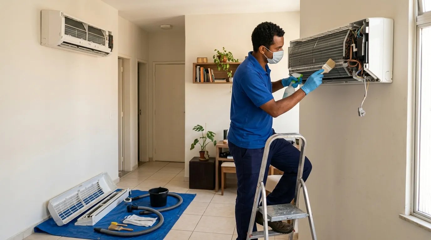 Técnico fazendo manutenção de ar-condicionado split em Volta Redonda‑RJ