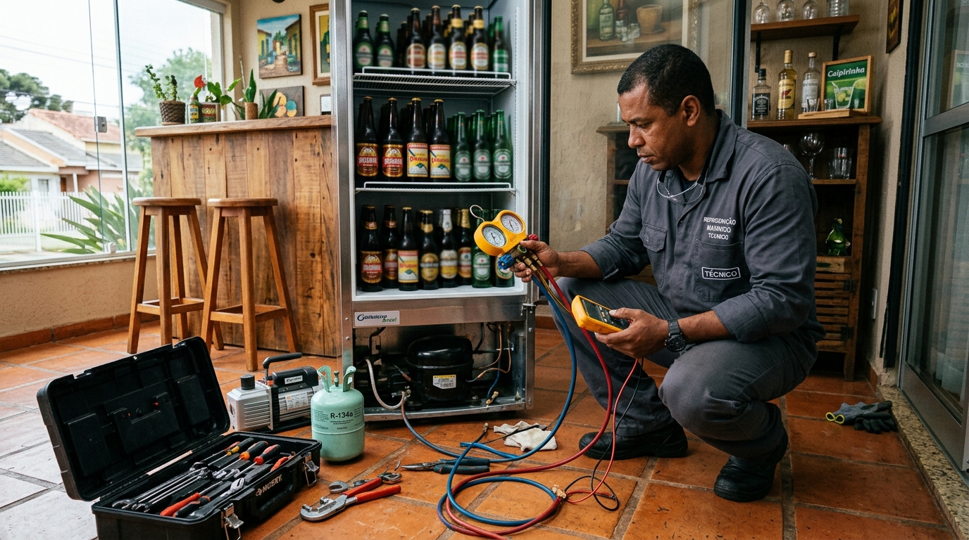 Técnico conferindo a temperatura de uma cervejeira durante atendimento na Morada do Vale, Volta Redonda‑RJ