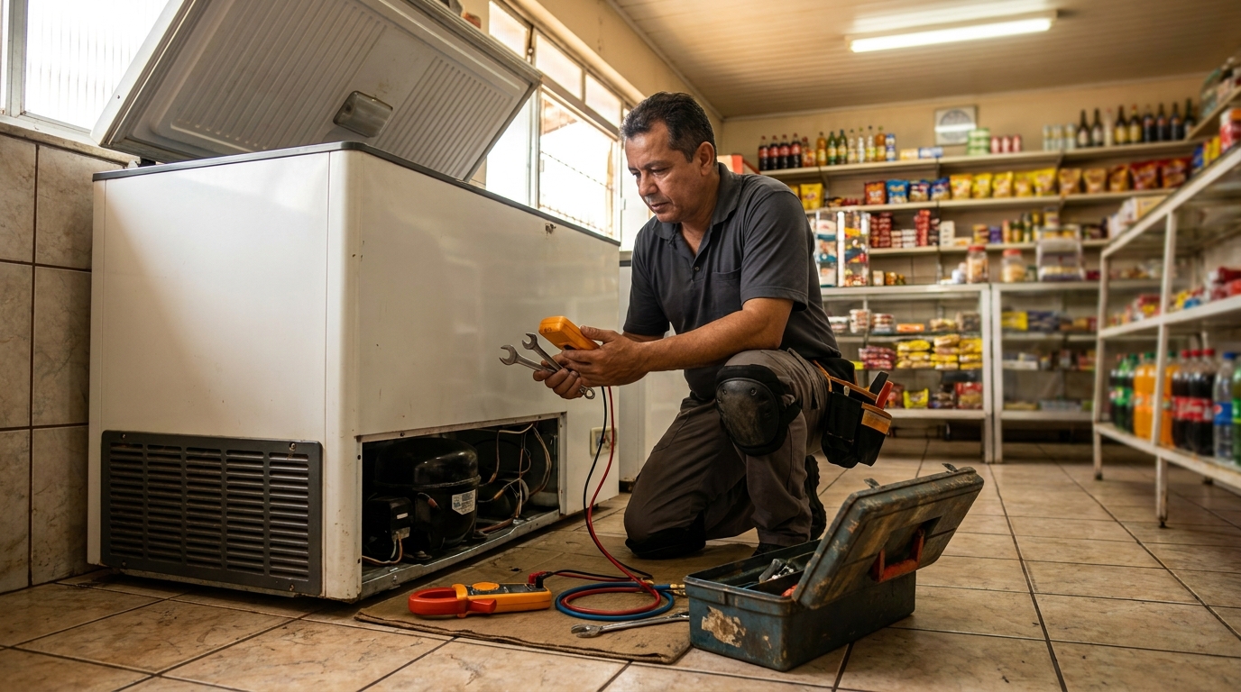 Técnico avaliando um freezer vertical durante atendimento em Volta Redonda‑RJ